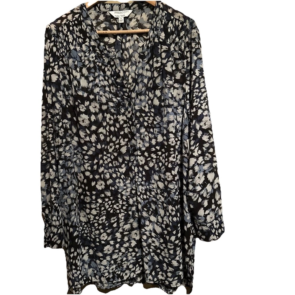 Prescott New York V Neck Pullover Blouse 14 Blue Floral Long Sleeves Tunic NWT